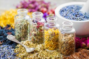 Bottles Of Healing Herbs And Mortar With Dry Lavender Flowers, H